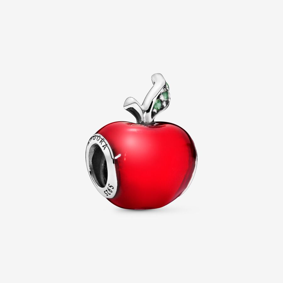 Disney Snow White apple silver charm with red enamel and dark green cubic zirconia
