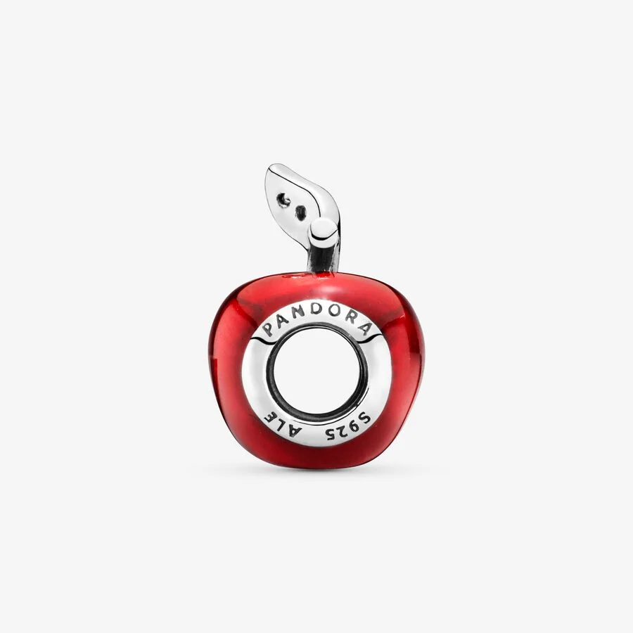 Disney Snow White apple silver charm with red enamel and dark green cubic zirconia